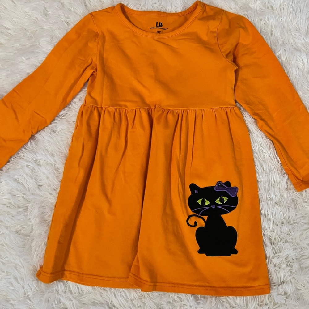 Orange Halloween Dress Cat Appliqué Girls
